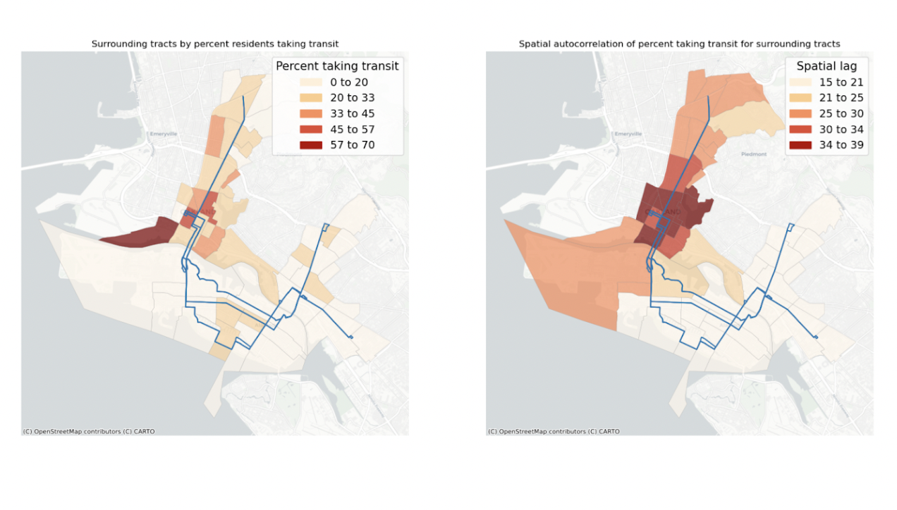 Two maps showing transit access in the tracts surrounding the AC Transit lines of interest.