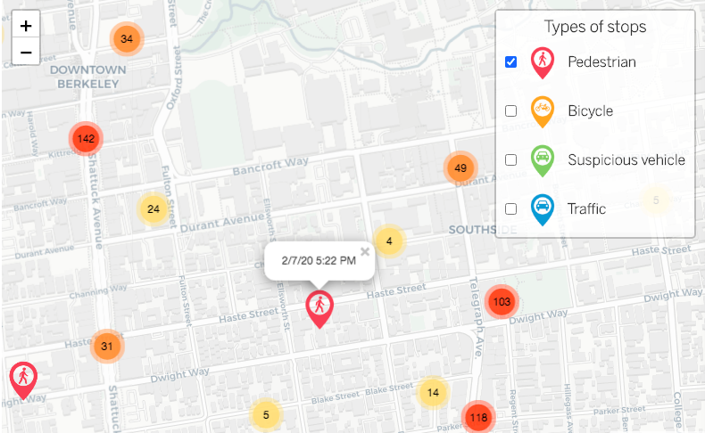 An interactive map showing locations, types, and times of police stops