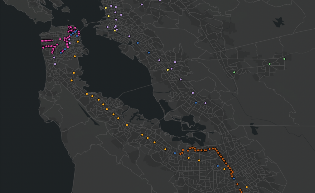 A portion of the map showing Bay Area traffic analysis zones and transit stops.